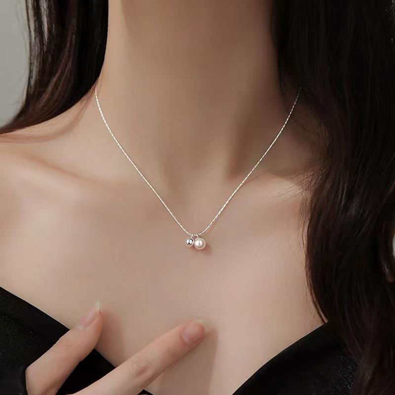 925 Sterling Silver-Plated Pearl Ball Necklace for Women - High-End Clavicle Chain, 2025 New Style