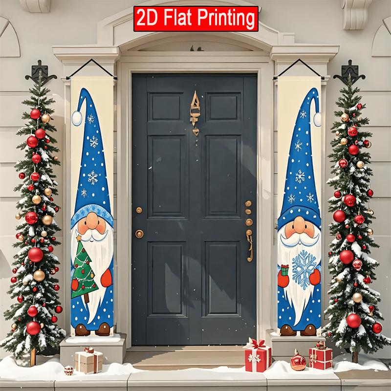 2D Flat, 2D Door Banner, 2D Flat, 2pcs 2D Flat Christmas Porch Banner, 30.48x179.83cm Door Banner, Featuring Gnomes Holding Snowflakes and Christmas T