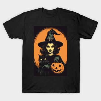 Asian Size Cotton Unisex Tshirt Print T-shirt Vintage Retro Halloween Witch With Black Cat And Jack-O-Lantern T-shirt No-Cut Print Regular Fit