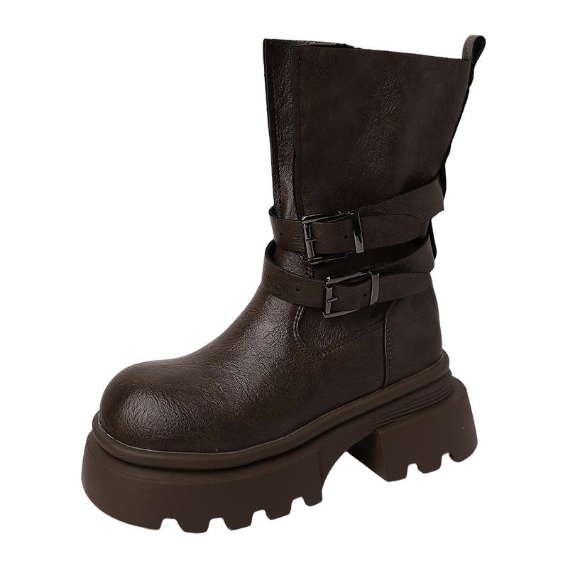 Fashion Thick-soled Leather Boots Heightened Adjustable Belt Buckle Martin Boots Women's Autumn and Winter Retro Fashion Medium Tube Knight Boots