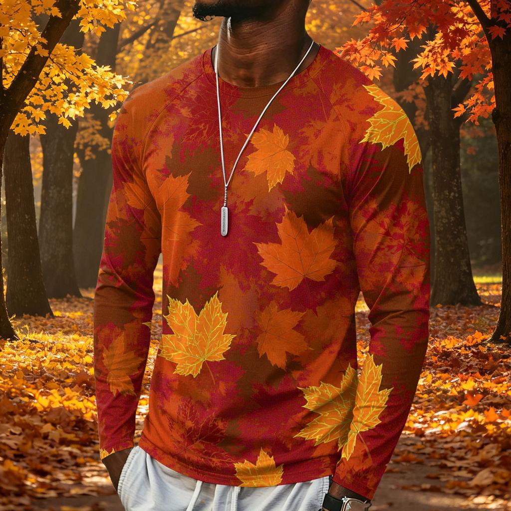 T-shirt da uomo a maniche lunghe con stampa di foglie d'acero, top casual leggero girocollo per autunno e inverno