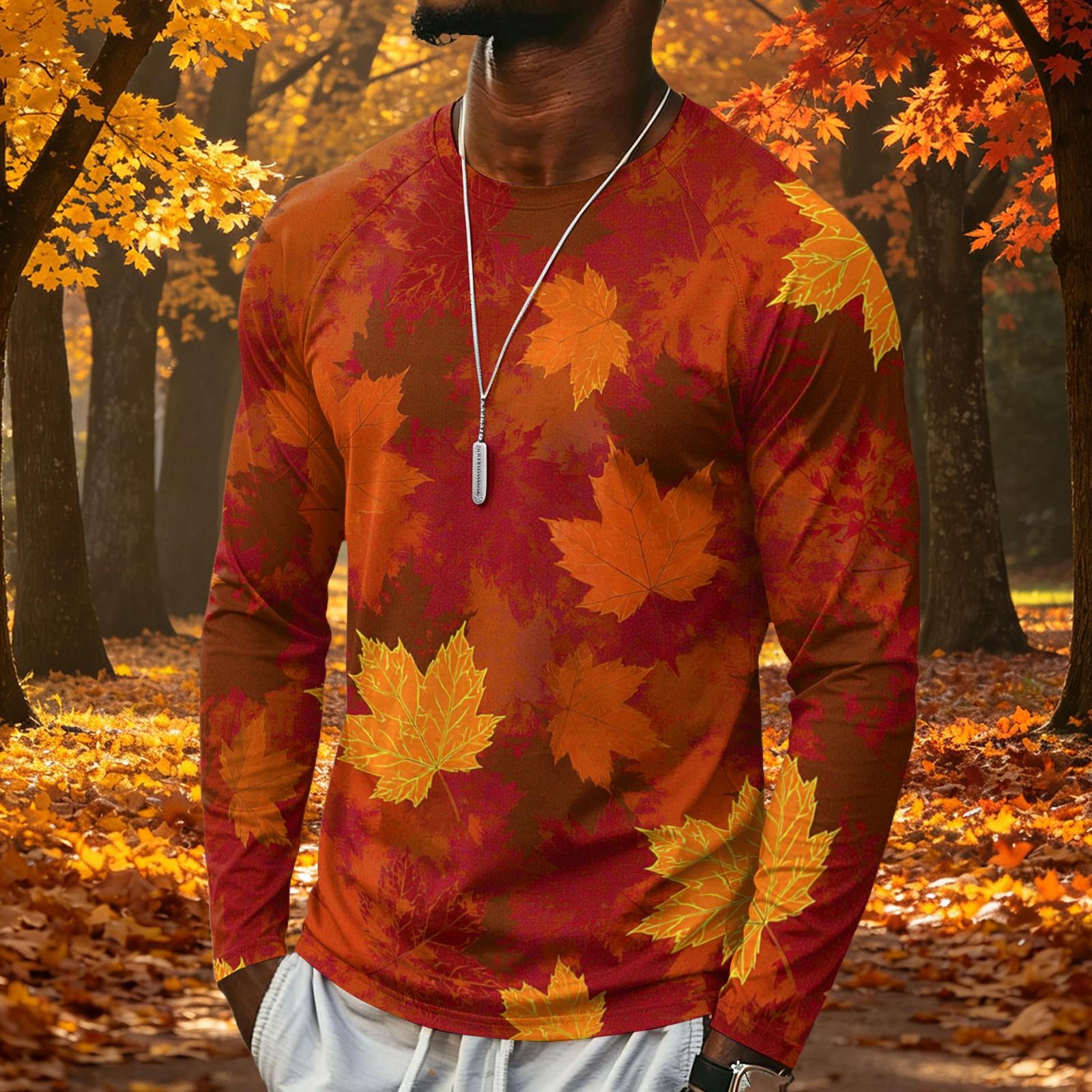 Men s Long Sleeve Maple Leaf Print Tee, Lightweight Round Neck Casual Top for Fall and Winter S