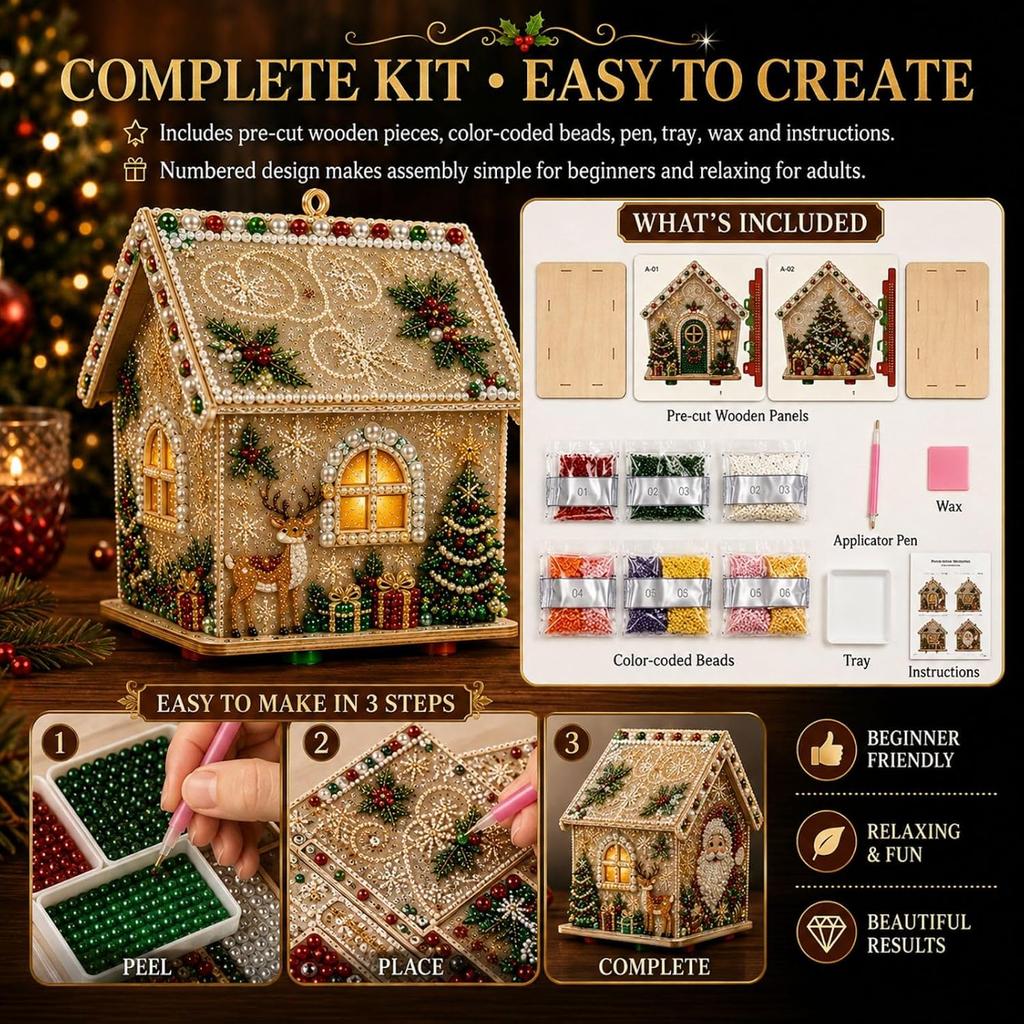 Christmas DIY Pearl Bead Art House Decoration Kit Wooden House Diamond Painting Handcraft Set Santa Snowman Xmas DIY Craft Kit