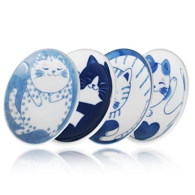 Fukubeya Mino Ware Nekogura Small Plate 10 Cm Tora Cat Pattern Set of 4 Blue Round Plate Small Seasoning Sweets Receiver - Hachiware, Mike, Shima, -
