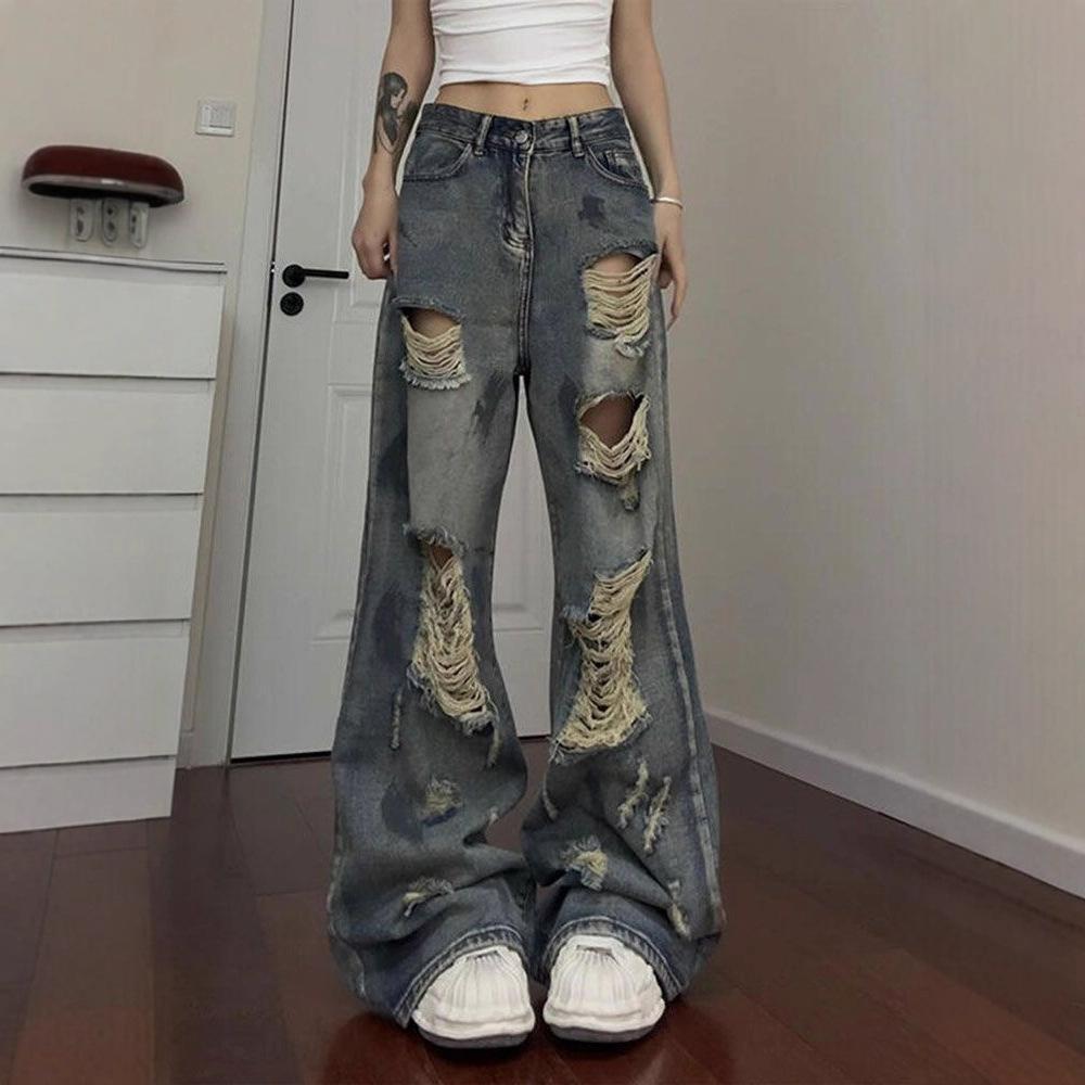 

Loose Broken Hole Jeans Women Big Yards Autumn Vintage High-waisted Thin Dragging Broad-legged Long Trousers Jeans for Women Long Denim Pants XS