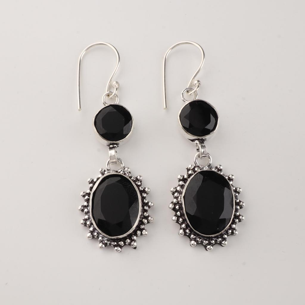 Black Onyx Gemstone Silver Earrings 2.2" , 925 Sterling Silver Elegant Jewelry Mother's Day Gift VEE-3-19