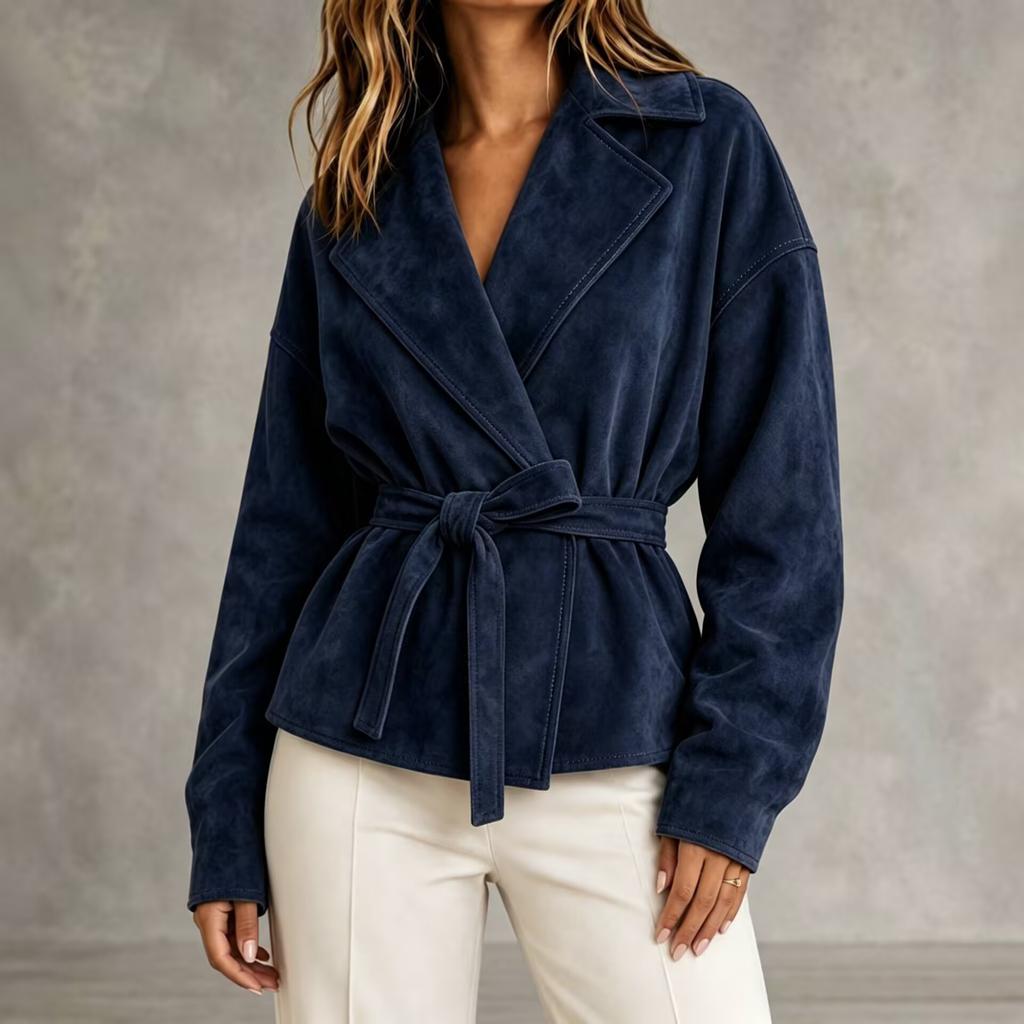 Giacca da Donna in Ecopelle con Collo a Revers e Cintura in Vita per Uso Quotidiano Casual