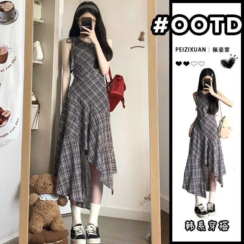 Ретро клетчатое платье женское летнее темперамент талия жилет юбка дизайнерский смысл нишевый неровный А-силуэт длинная юбка S