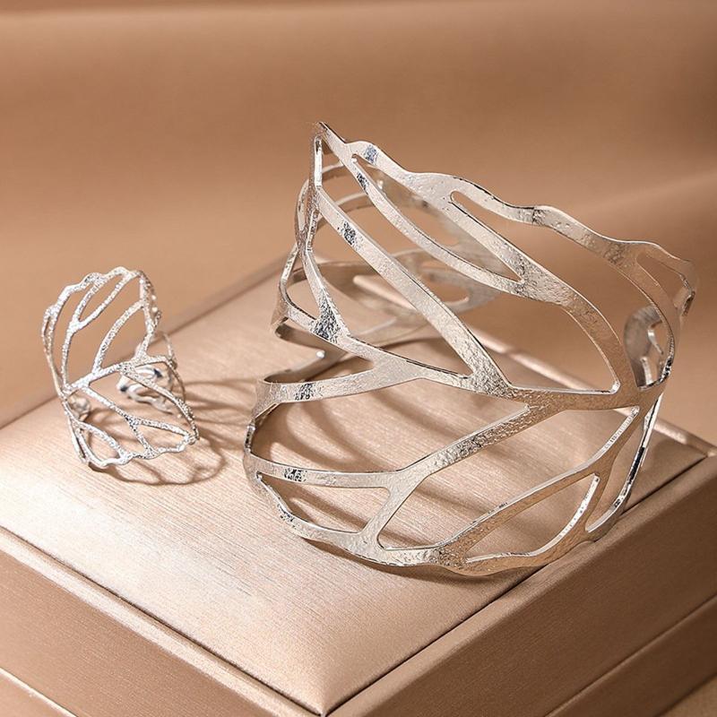 Hollow Leaves Open Bracelet Ring Personalized Niche Jewelry Set Women  Holiday Party Daily Wear Accessories Gift