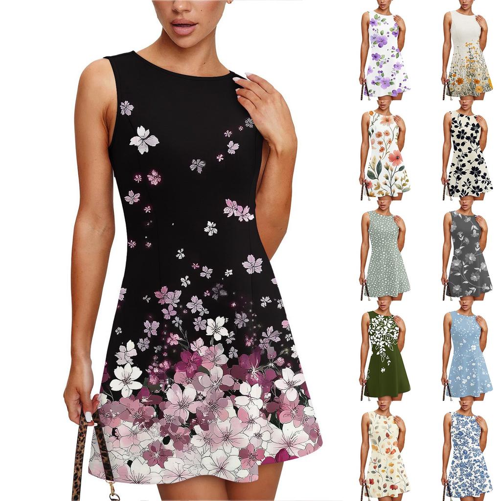 Women's Summer Dress Casual Sleeveless Round Neck Floral Print Vest Sundress
