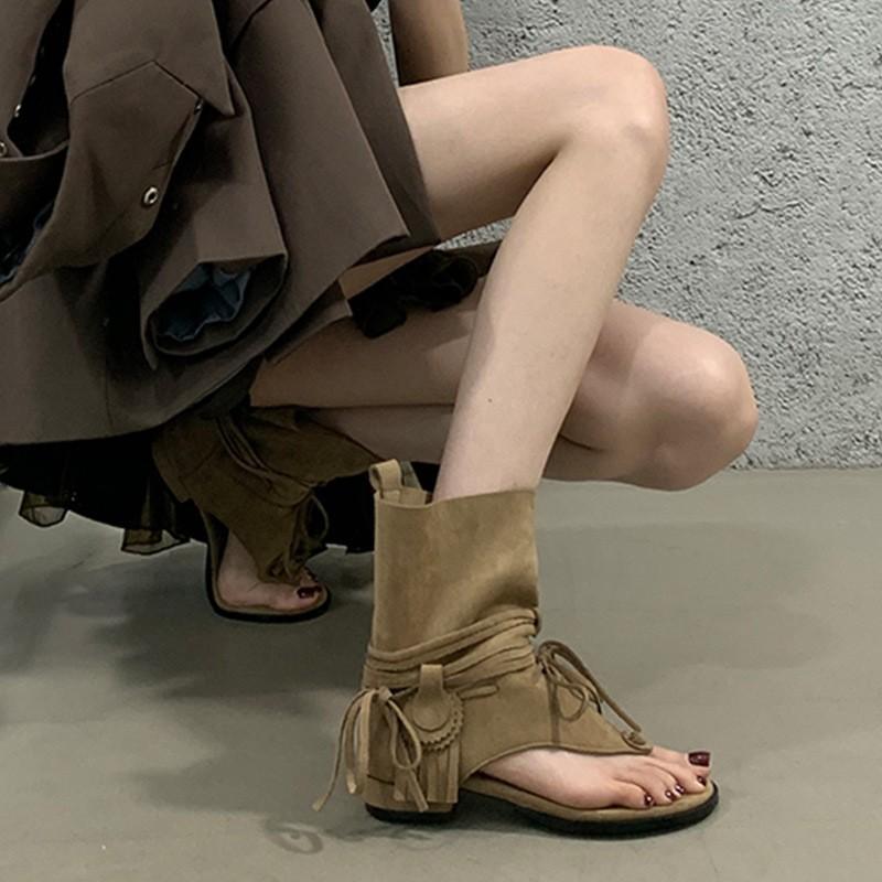 Cool boots women's summer women's boots pinch boots low heel short tube open-toed sandals French suede short boots women