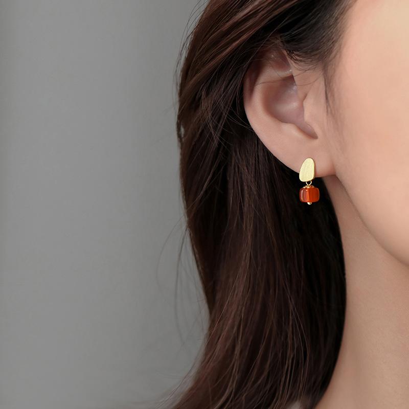 Persimmon Ruyi Earrings, National Matte Creative Design, Persimmon Red Round Bead Earrings, Gentle Temperament Red Earrings