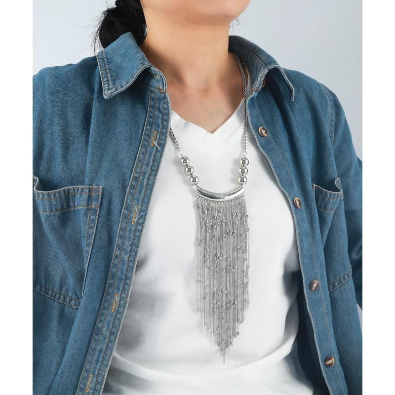 Layered Tassel Beaded Alloy Necklace Women Long Statement Chain With Geometric Pendant Gold/ Lightweight Fashion