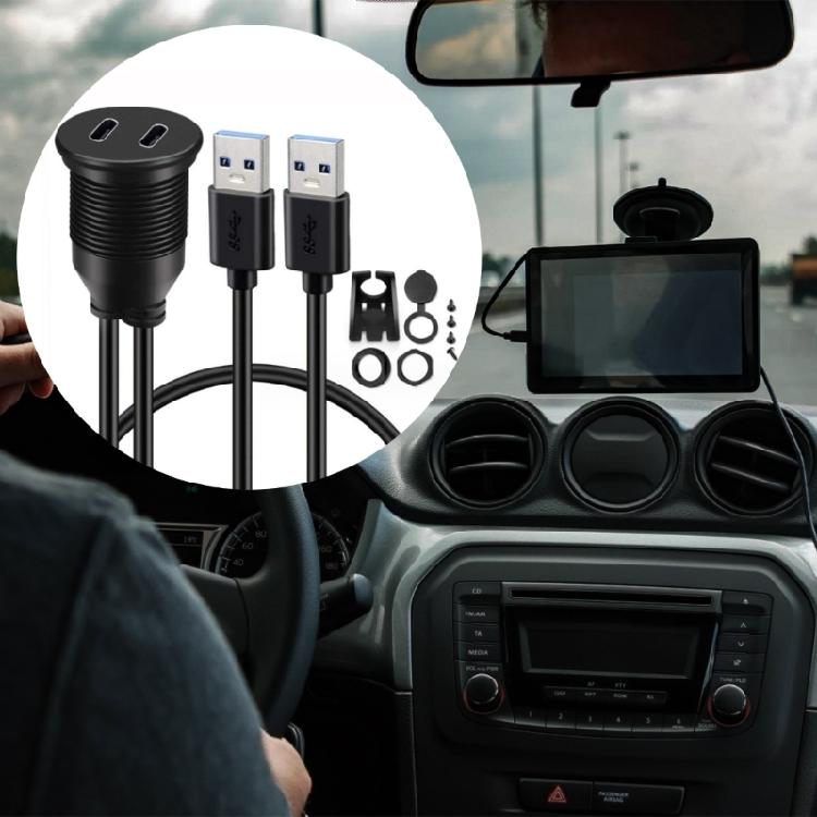 Waterproof Double USB 3.0 to Double Type C Chargers Extension Cable Panel Mount Cable for Car Dashboard Easy Installation
