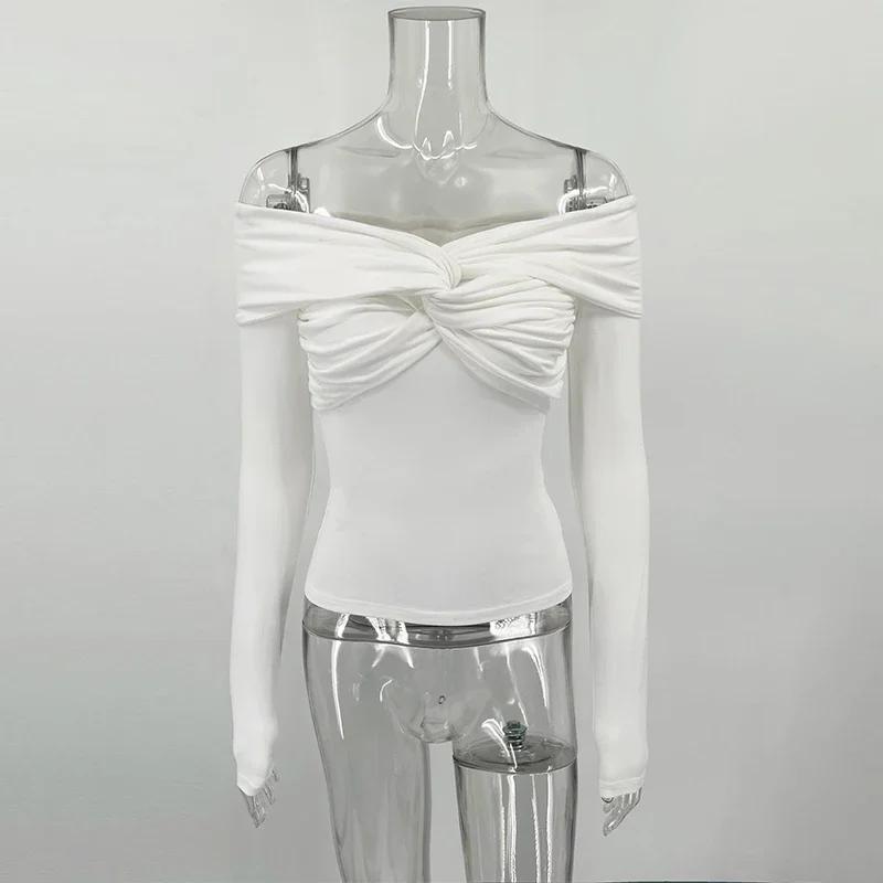 Cămăși cu mânecă lungă cu gât încrucișat pentru femei Sexy cu umăr dezactivat Topuri scurte și subțiri solide Club casual pentru petrecere Tricou bodycon pentru doamne