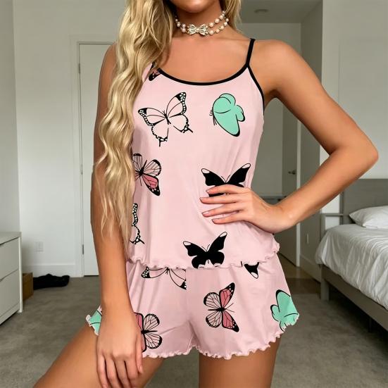 Women's Cami Pajama Sets, 2 Piece Sleeveless Tank Top And Shorts Pjs Sleepwear, Summer Butterfly Print Ruffle Trim Lounge Sets