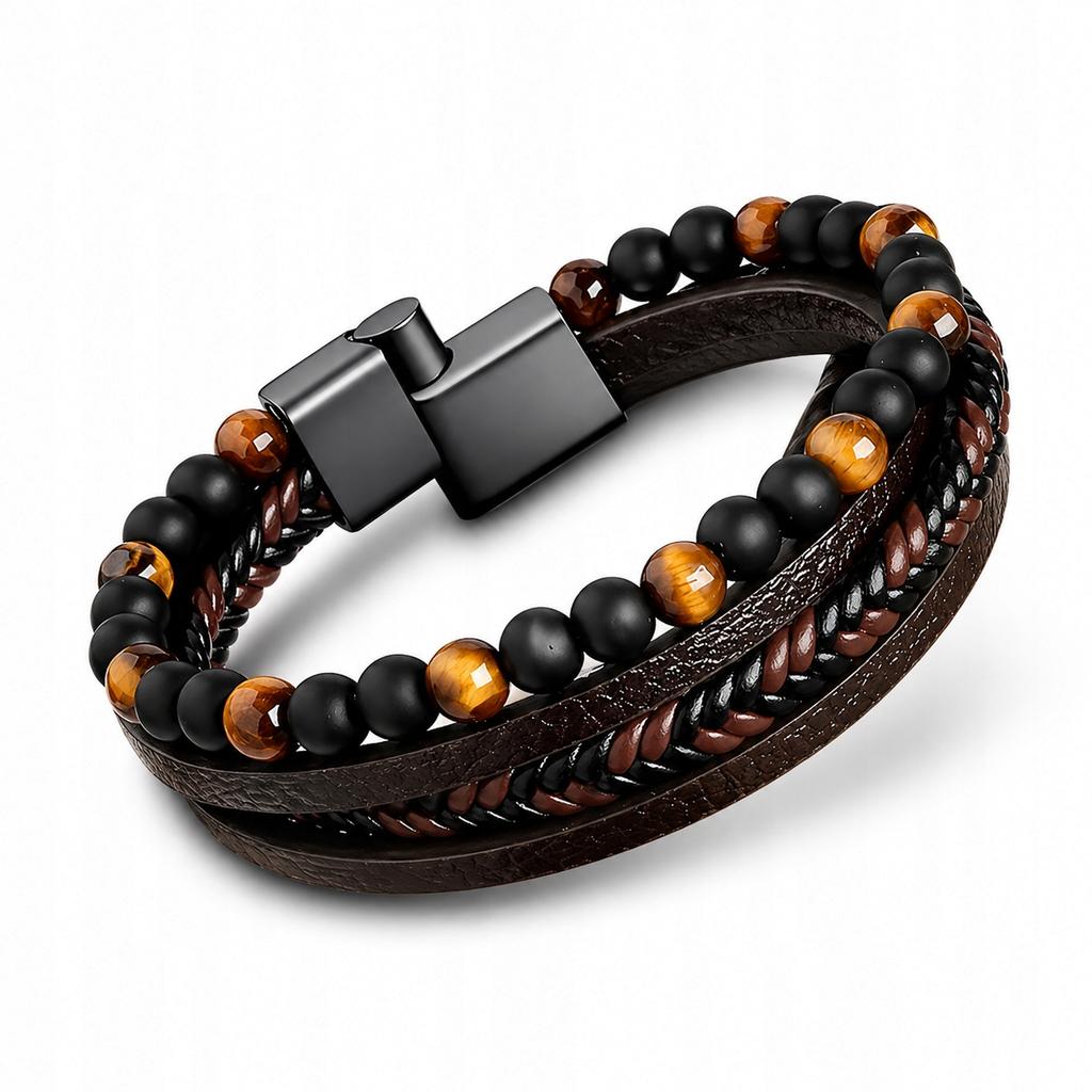 Men' Leather Bracelet with Beads, Bead Bracelet, Brown Titanium