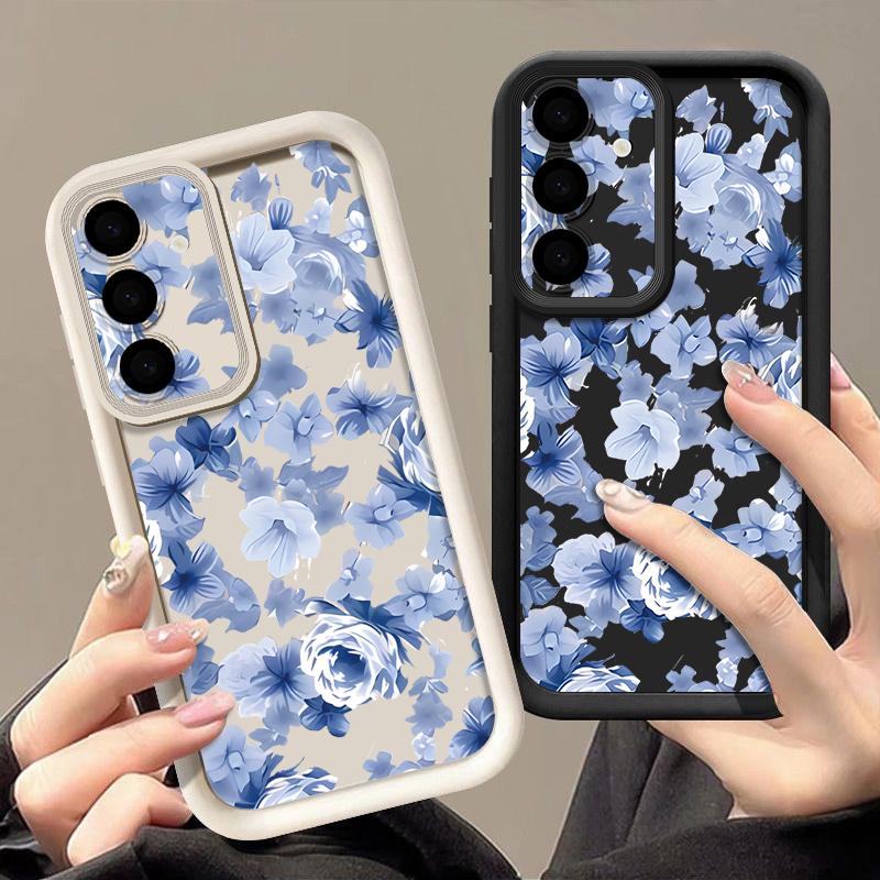 Blue Flower Pattern Soft Phone Case For Samsung Galaxy S26 S25 S24 S23 S22 S21 Ultra S25 Edge S24 S25 FE S22 Plus TPU Back Cover