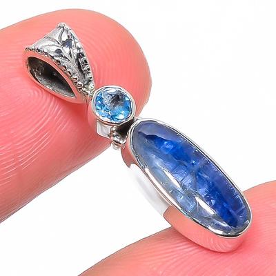 Naturalny Kyanit, Kamień Szlachetny Niebieski Topaz Srebro Próby 925 Solidny Srebrny Wisiorek 1.14" c7U36