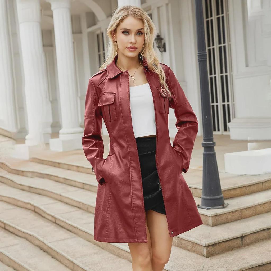 Damen Mittellange Lederjacke mit Gürtel - Stylischer britischer Windbreaker für Frühling/Herbst