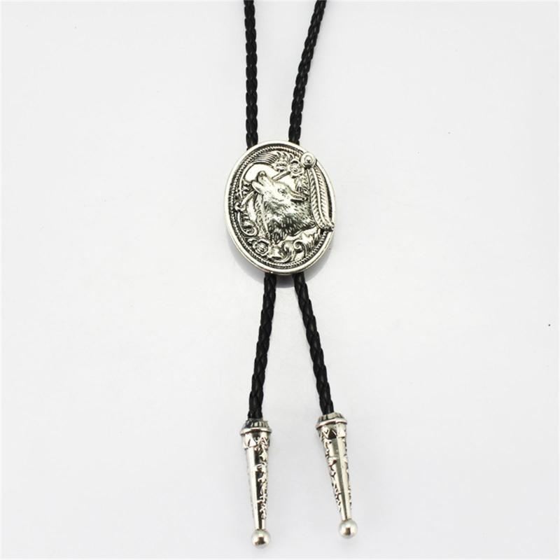 Cravată Bolo Vintage Cowboy Occidental Sfoară din Piele Împletită Handmade Colier Cravată Bolo Cap de Lup Metalic cu Pandantiv cu Pene