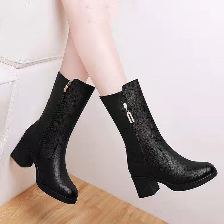 Autumn and winter new velvet warm Martin boots medium heel thick heel women's cotton boots snow boots real soft leather medium boots women