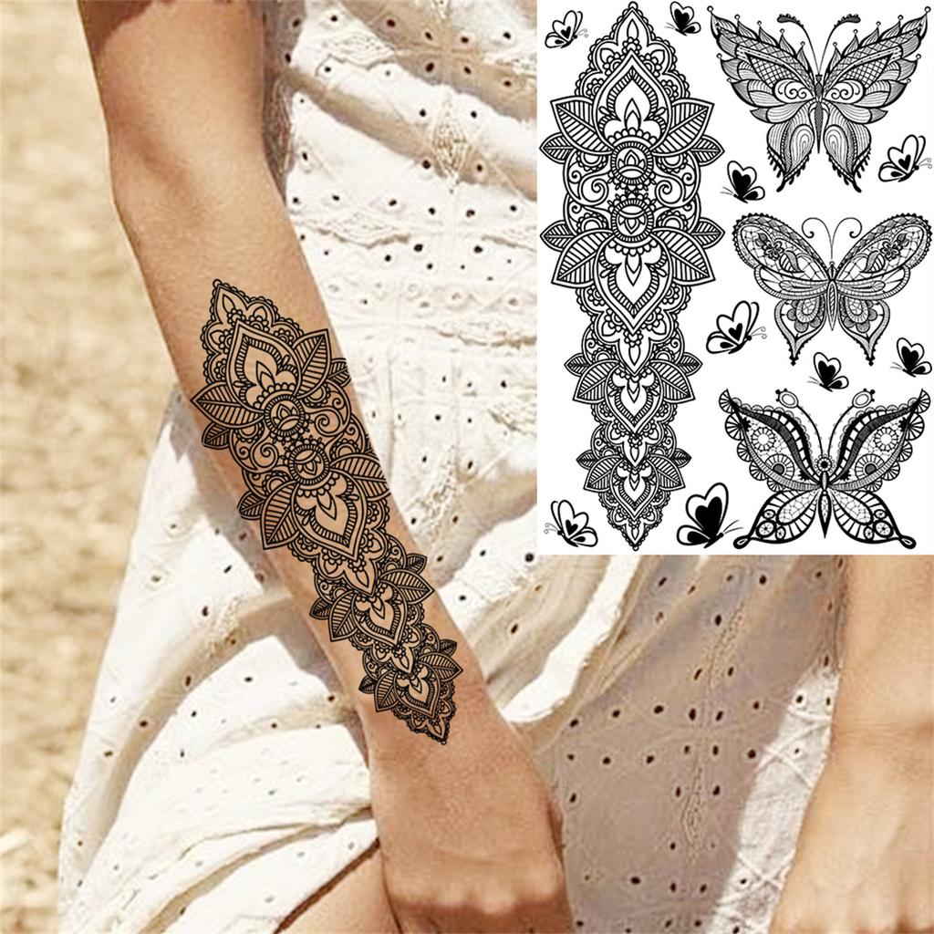Body Art Henna Temporary Tattoos For Women Adult Fake Mandala Flower Tattoo Sticker Feather Butterfly Black Tatoos Leg Feet Foot