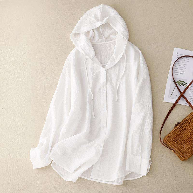 Dünne Sonnenbekleidung mit Kapuze Damen Sommer Koreanischer Stil Modisch Baumwolle Leinen Lässig Strand Klimaanlagenhemd XL