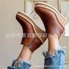 Large size slope heel short boots women's autumn and winter new flat bottom side zipper round head solid color bare boots thick-soled leather boots
