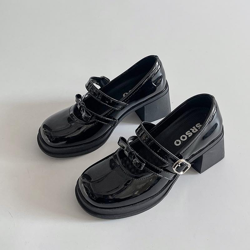 

High-heeled Mary Jane shoes women s retro bow 2025 spring and summer high heels light mouth one-word buckle with thick heel single shoes 35 чорний