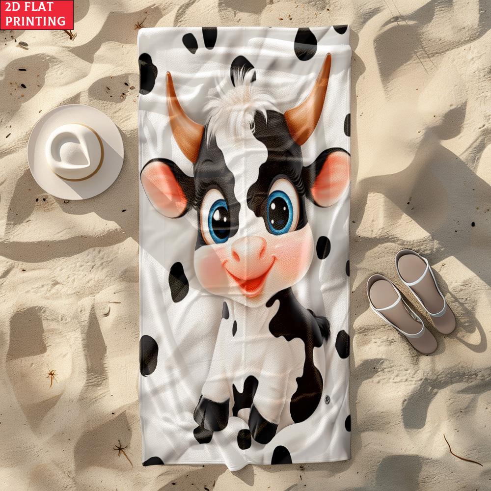 2D Flat Spotted Cow Cartoon Beach Towel, Soft High Absorbent Microfiber, Lightweight for Beach Travel Camping Party