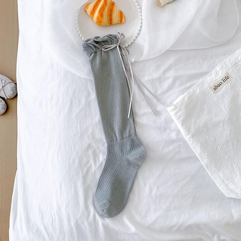 Female Summer Thin Heel Ribbon Bow Mesh Breathable Sweet Flower Bracts Calf Pile Socks