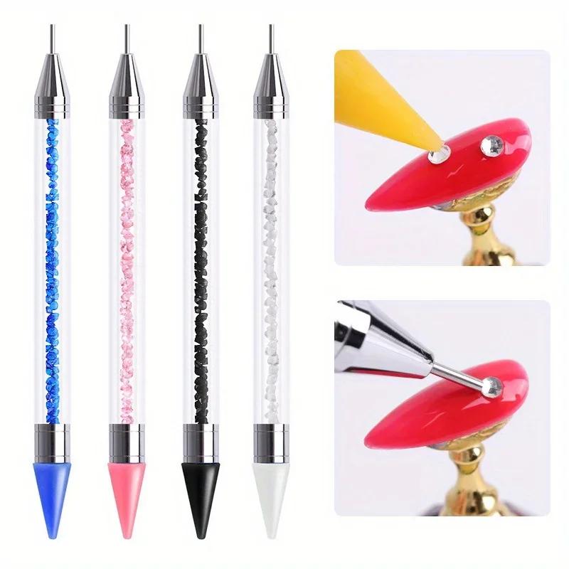 2Pcs Nail Art Diamond Pens with Diamond-encrusted Crayons with Stainless Steel Tweezers Nail Grafting Eyelashes Manicure Tools
