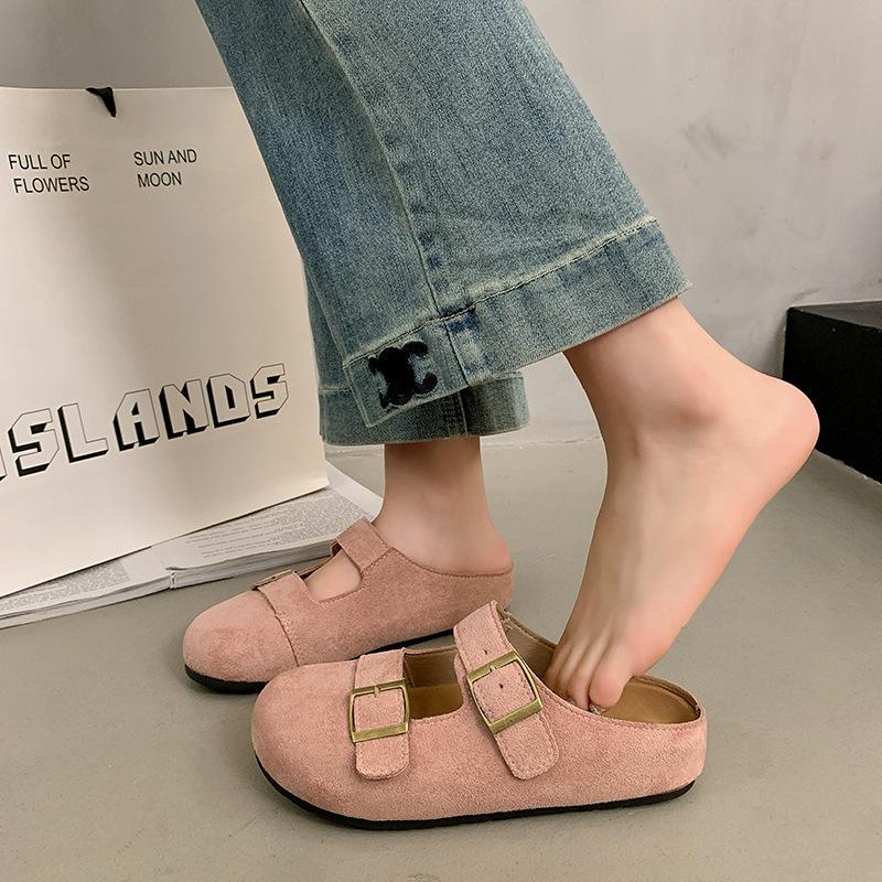 2025 весна новая круглая голова плоская подошва один ремешок низкий каблук мягкая кожа матовая толстая подошва ленивые полушлепанцы boken женская обувь