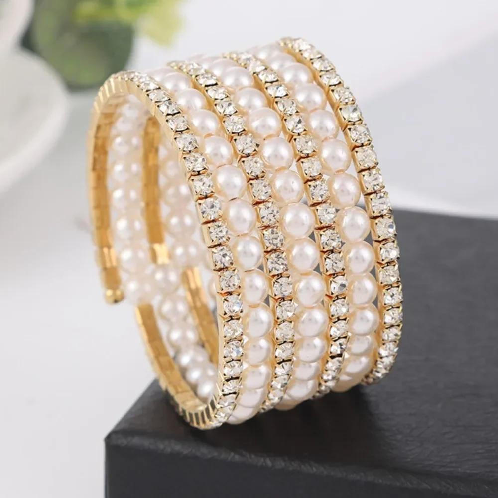 Shining Crystal Bracelet Multi Layer Full Rhinestone Hand Wrist Bracel Wedding Jewelry Wide Imitation Pearl Bracelets Wedding