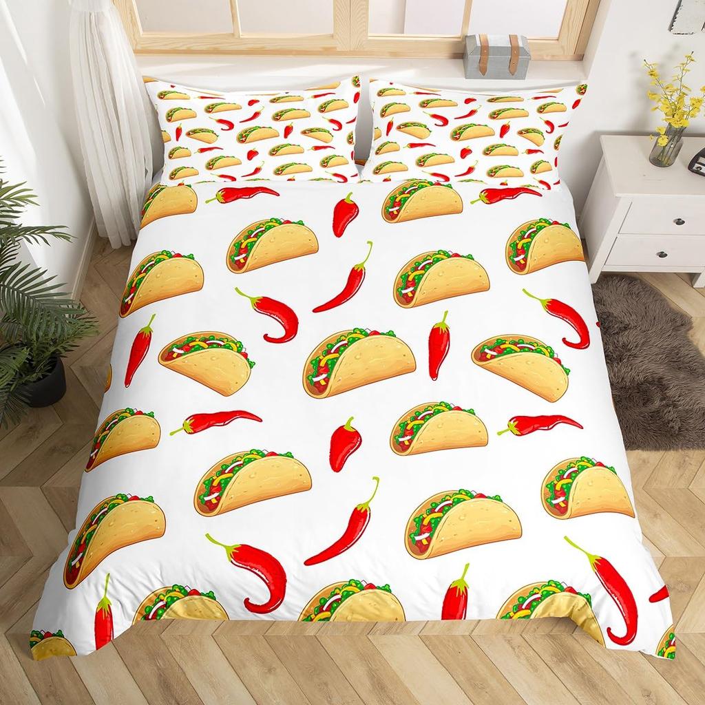 Funny Food Duvet Cover Mexican Taco Bedding Set Twin,Avocado Pepper Realistic Food Design Quilt Cover Easter Gift Party Decor