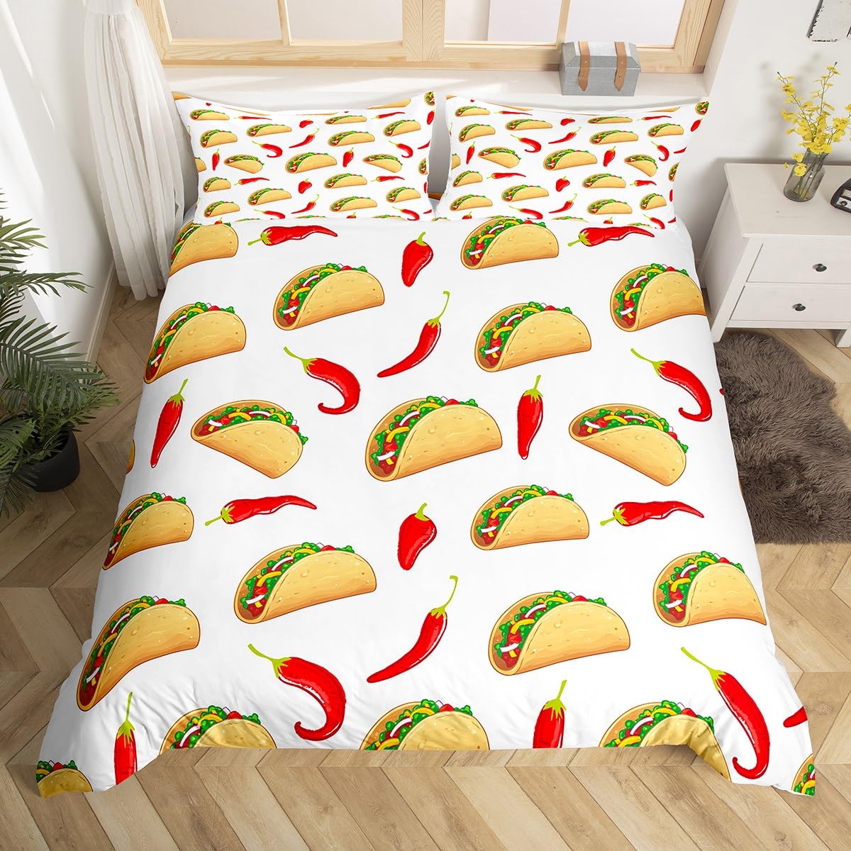 

Funy Fod Soft Duvet Cover Mexican Taco Beding Set Twin,Avocado Peper Realistic Fod Design Comfortable Quilt Cover Easter Gift Party Decor 120*200cm Single