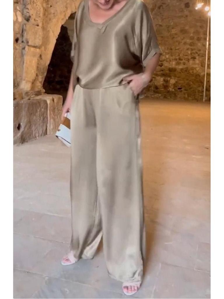 2025 Sommer Seide V-Ausschnitt Lässiges Einfarbiges Set für Damen