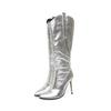 Silver Gold Black Women's Western Boots Cowboy Knee High Boots Stiletto for Wide Calf Pointed Toe 11cm High Heels Shoes