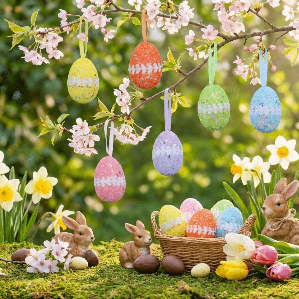 6Pcs DIY Craft Fake Easter Eggs Colorful Eggs Hanging Ornaments  Easter Party