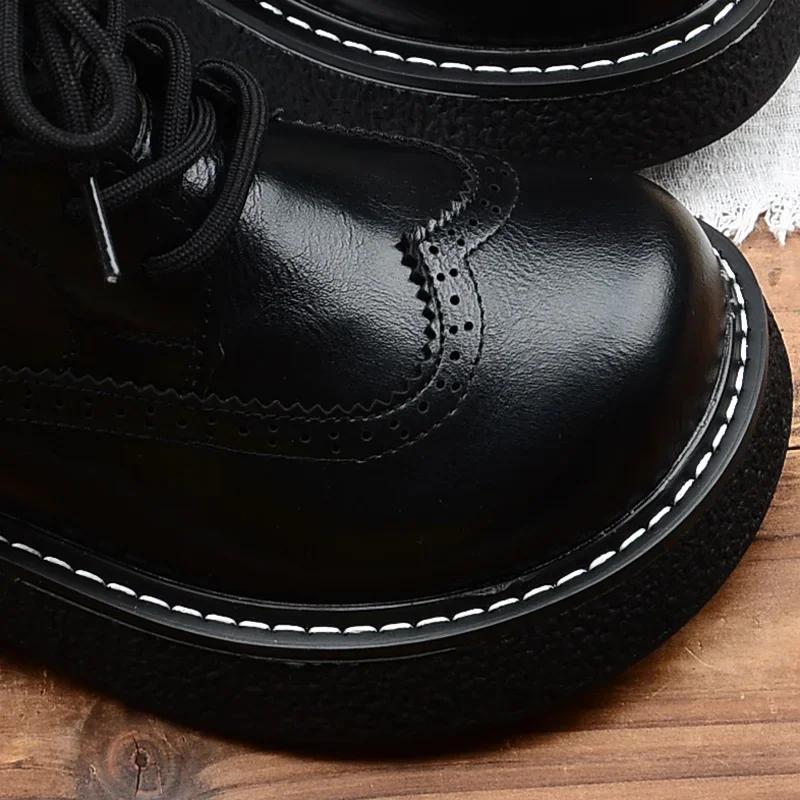 Fashion Mori Literary Retro Big Head Shoes Carved Detail British Style Women Boots Thick Sole Lace-up Ankle Boots Handmade Warm Shoes