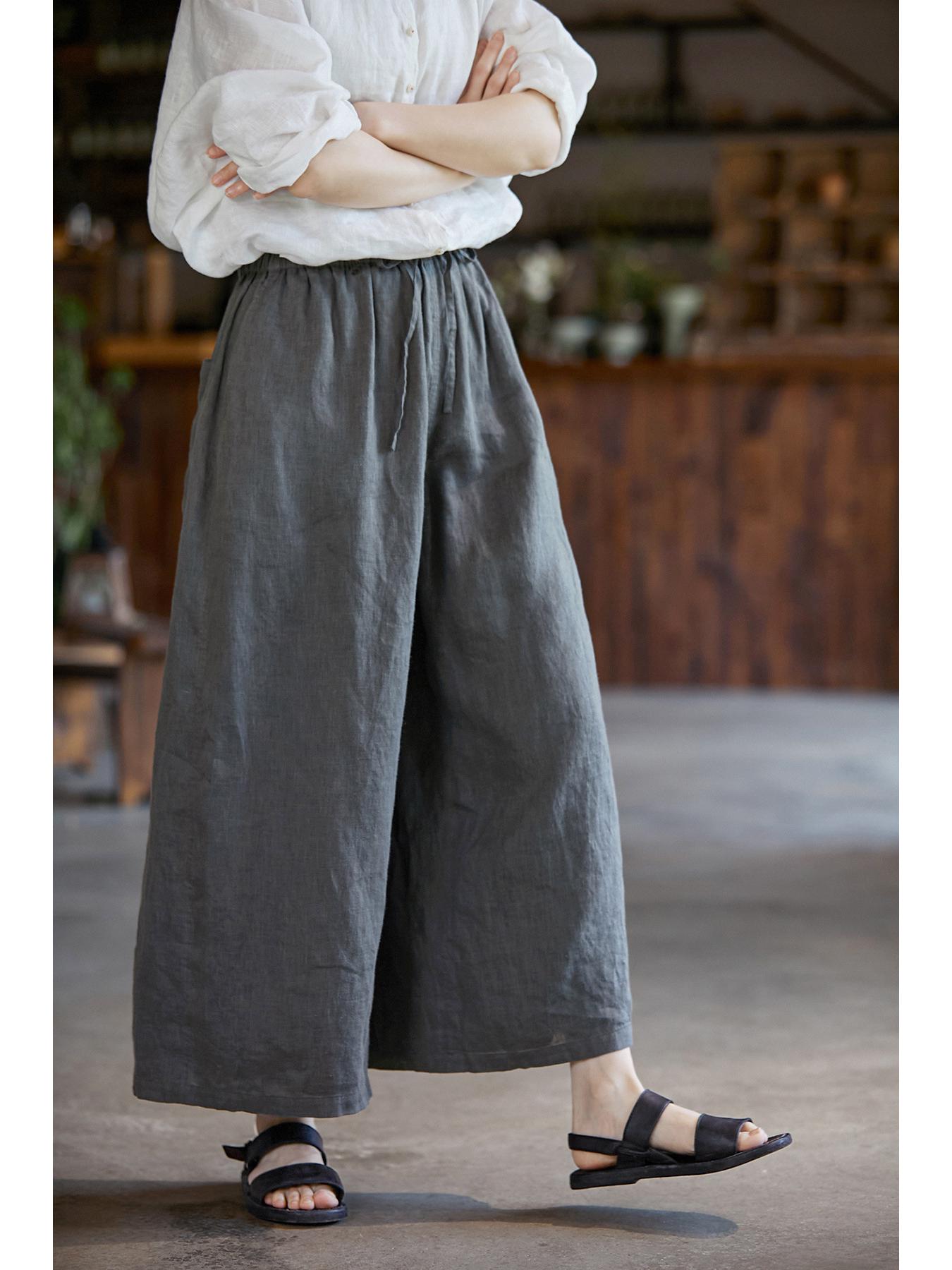 

Artistic Leisure Retro Women s Linen Wide-Leg Pants - Lightweight, Breathable, Elastic Waist in Far Mountain Mist Medium
