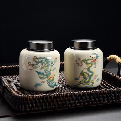 Creative Alloy Sealed Tea Can Ceramic Dragon and Phoenix Pattern Storage Jar Home Coffee Beans Candy Jar Home Decoration Modern