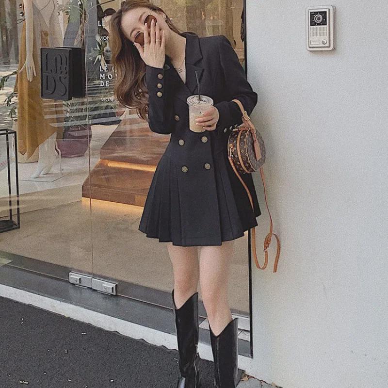 2023 Hepburn-Style Black Buttoned Suit Dress - Korean-Inspired, Waist-Slimming, Casual Pleated Skirt