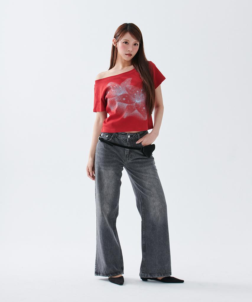ESCAPEFROM [Escf X Hot Today] Halftone Lily Boat Neck Slim Fit Short Sleeve T-Shirt Red