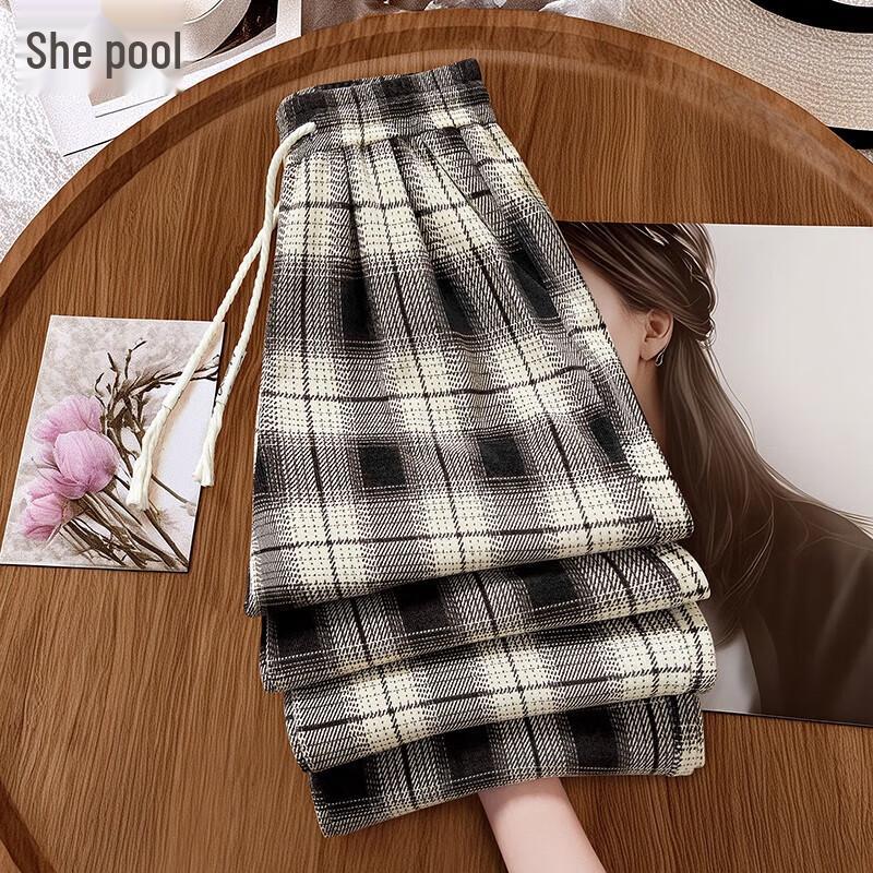 

Women s Retro Plaid Drawstring High Waist Casual Pants M