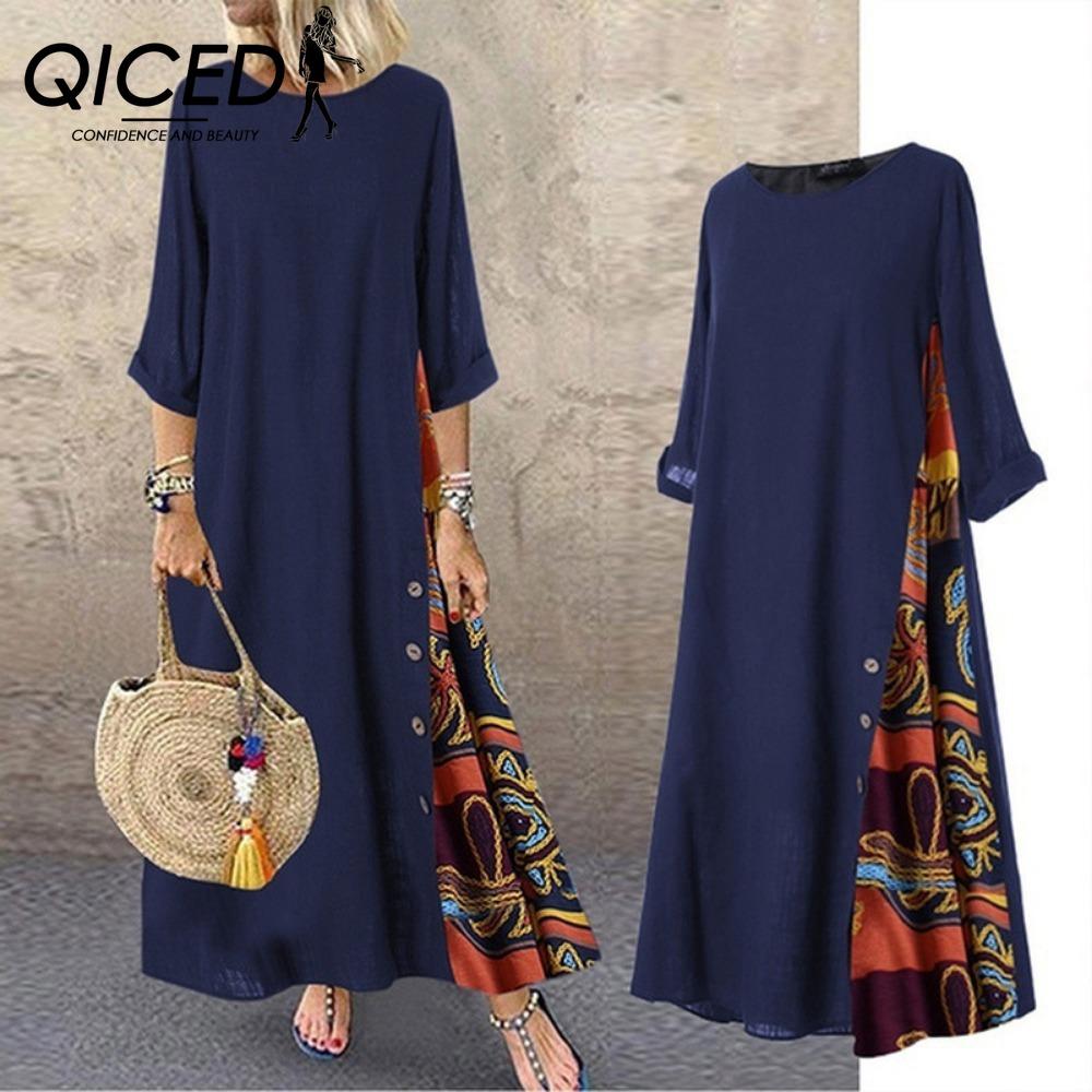 QICED 12 color Women Fashion Casual Loose Long Sleeve Floral Print Party Maxi Dress Plus Size Vestidos Longos Robe