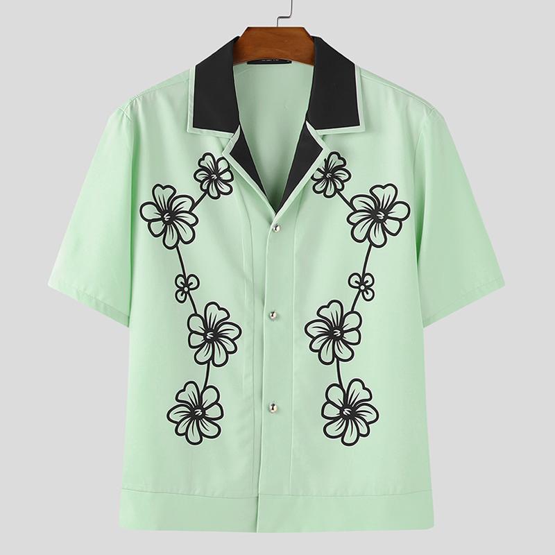 

INCERUN Men s Patchwork Short Sleeve Printed Shirts Button Up Summer Casual Tops L зелёный