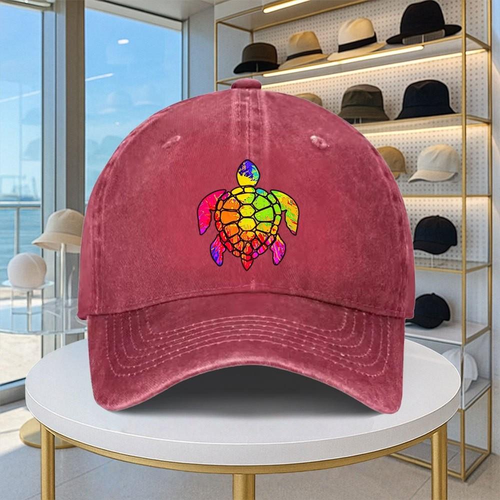 Rainbow Tie Dye Turtle Baseball Cap Washed Denim Adjustable Casual Outdoor Sun Hat