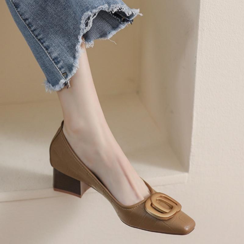 Fashion 2025 New Spring Women’s Chunky Heel Pumps Luxury Low Cut Mid Heels Leather Office  Soft Soled Plus Size 34-43 Single Shoes